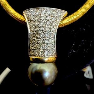 Elegant Custom 18k Gold and Diamond and Black Pearl Pendant